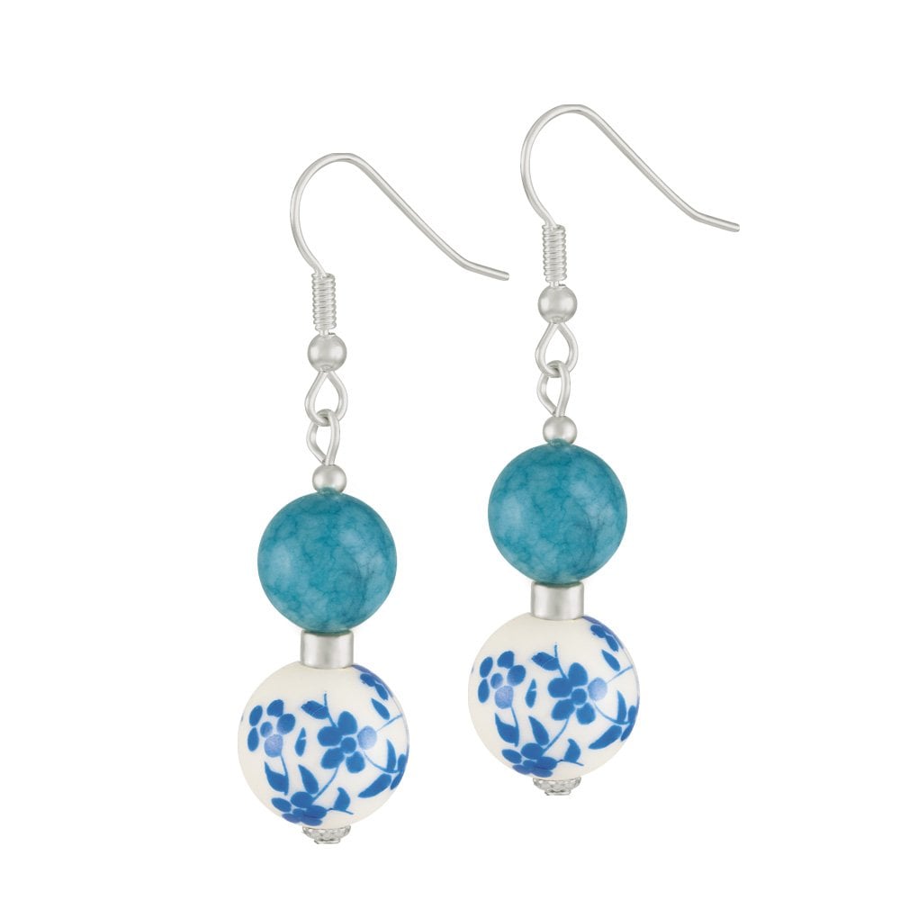 Meadow Aqua Floral Silver Tone Drop Pierced Earrings