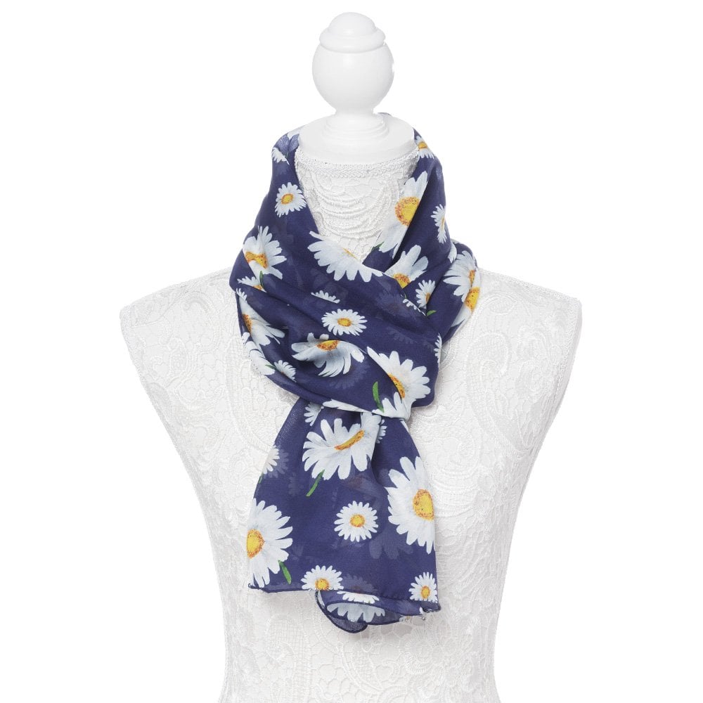 Delightful Daisy White and Navy Multi Coloured Pure Silk Scarf