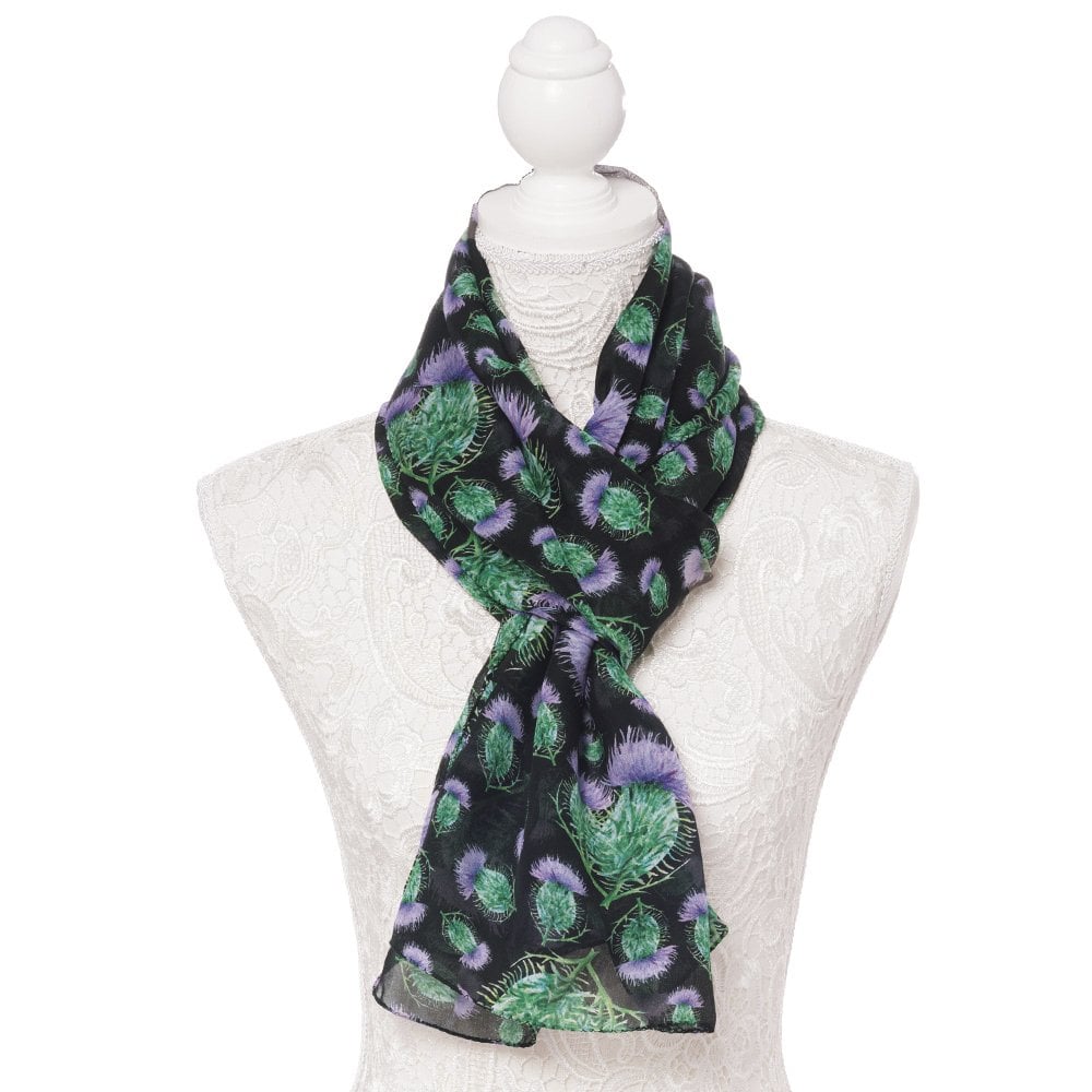 Scottish Thistle Purple and Black Multi Coloured Pure Silk Scarf