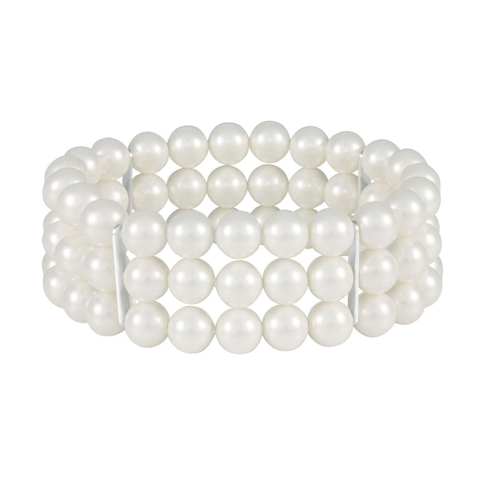 Cavendish Three Strand White Pearl Stretch Cuff Bracelet