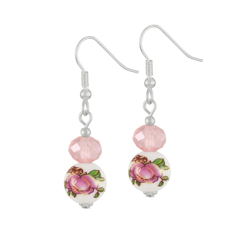 Captivation Rose Pink Crystal Floral Silver Tone Drop Pierced Earrings