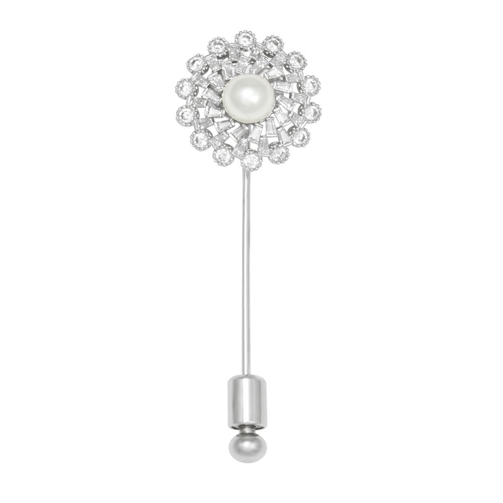 Vanderbilt Cubic Zirconia Faux Pearl Silver Tone Hat or Lapel Pin