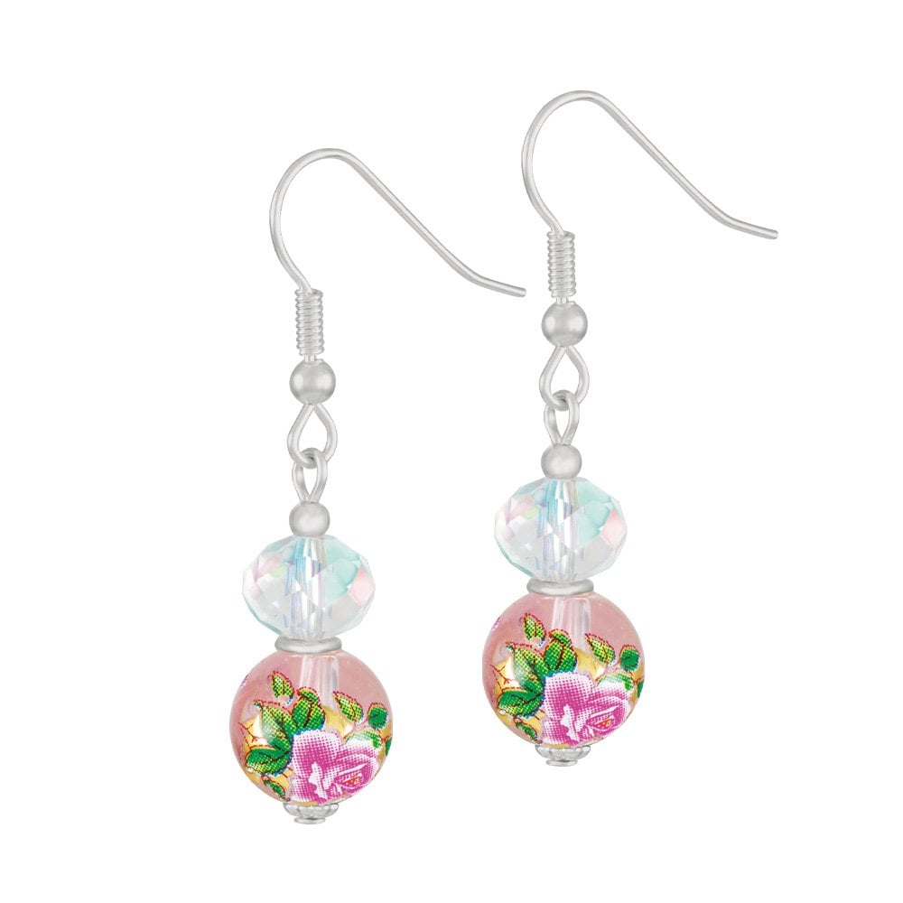 Serene Pink Floral Glass and Crystal Silver Tone Drop Pierced Earrings