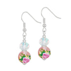 Serene Pink Floral Glass and Crystal Silver Tone Drop Pierced Earrings