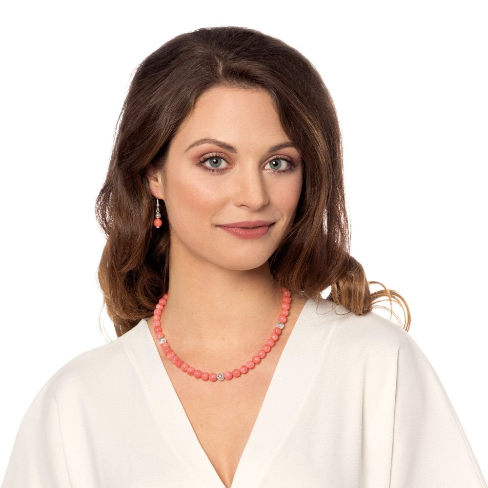 Debutante Coral Pink Semi Precious Silver Tone Drop Clip On Earrings