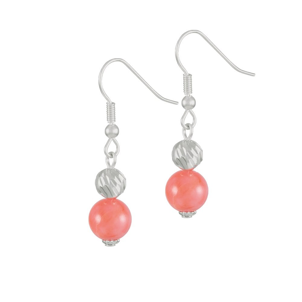 Debutante Coral Pink Semi Precious Silver Tone Drop Pierced Earrings