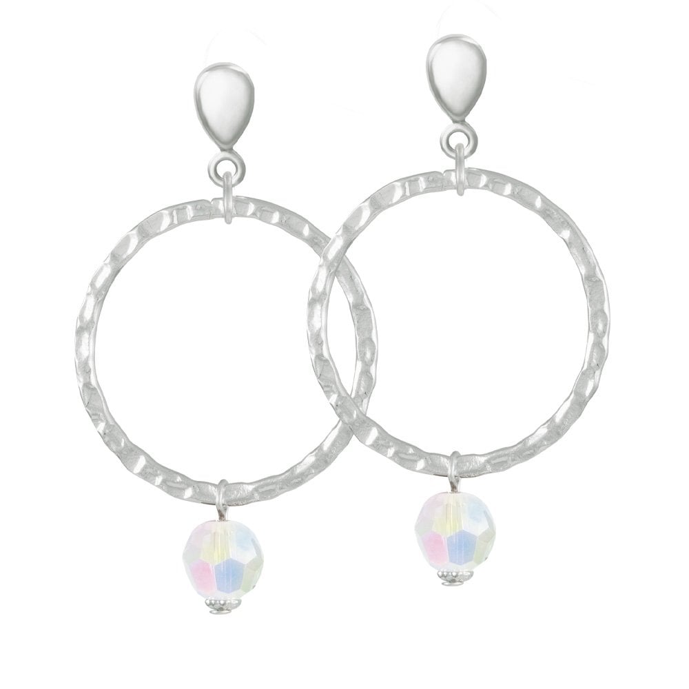 Infinito Silver and Aurora Borealis Austrian Crystal Drop Hoop Clip On Earrings