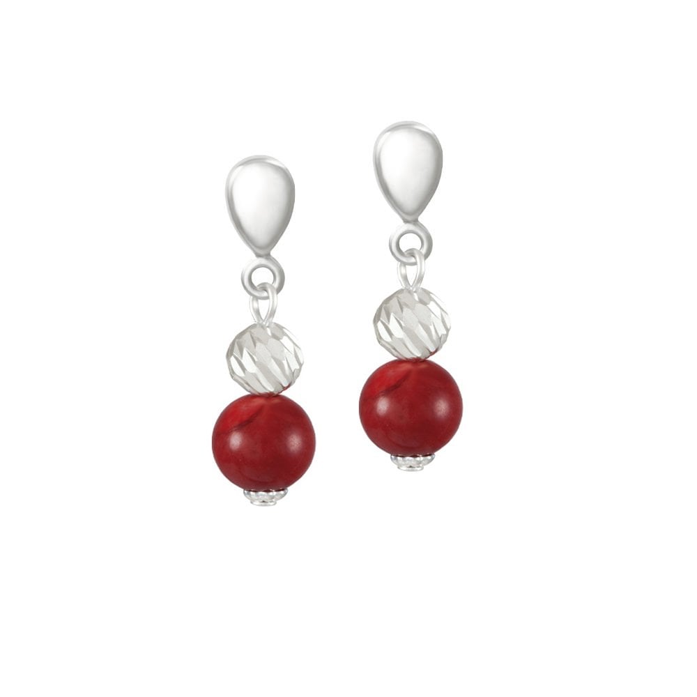 Debutante Red Coral Semi Precious Silver Tone Drop Clip On Earrings