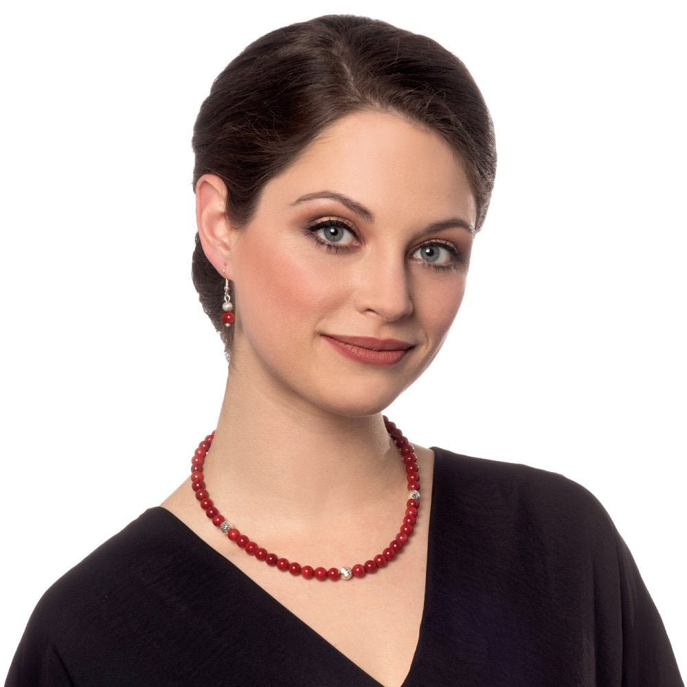 Debutante Red Coral Semi Precious Silver Tone Drop Pierced Earrings