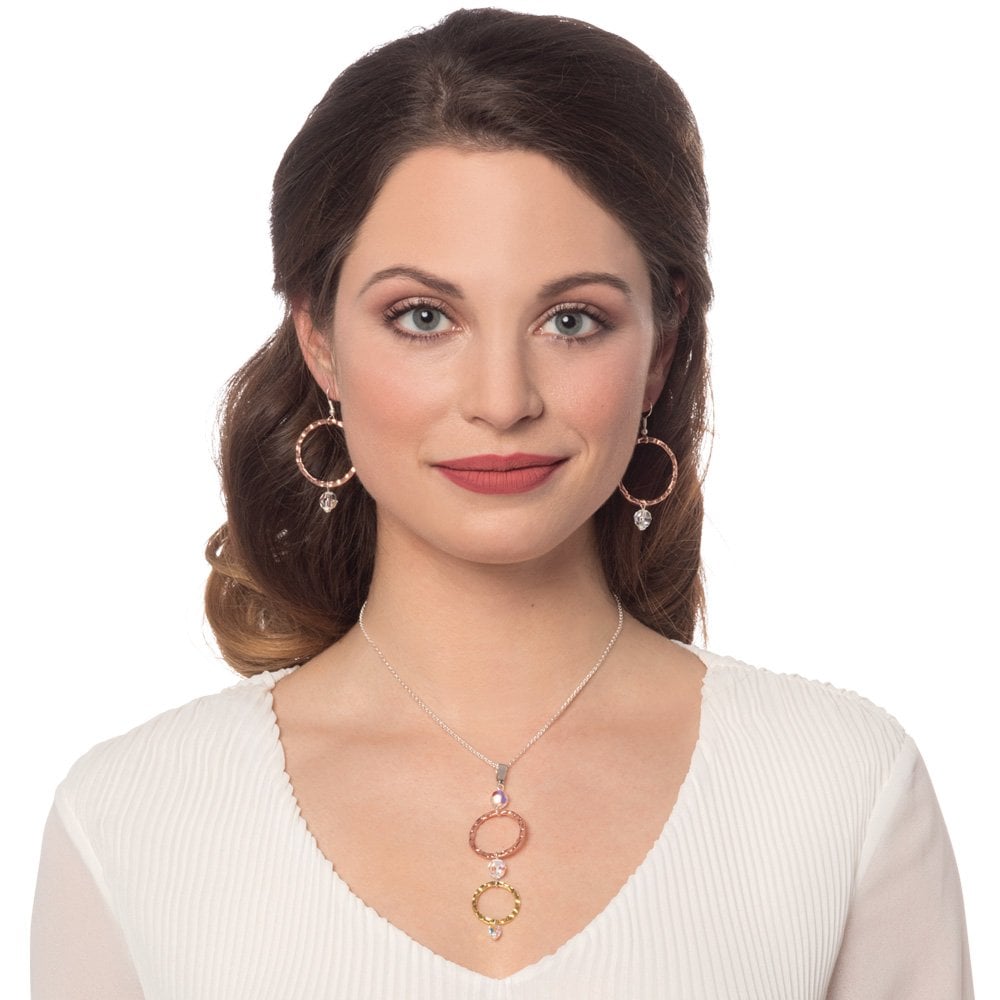 Infinito Rose Gold and Aurora Borealis Crystal Drop Hoop Clip On Earrings