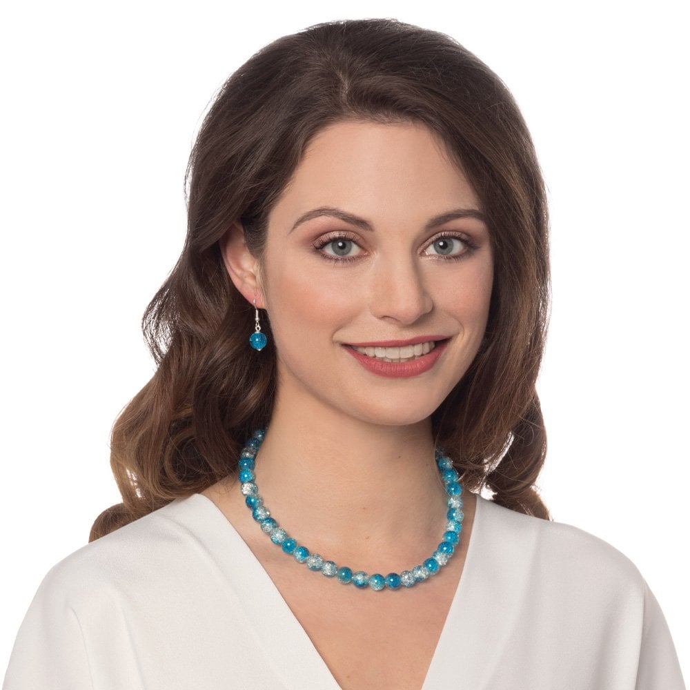 Carnival Turquoise Czech Glass Crackle Bead Silver Tone Drop Clip On Earrings