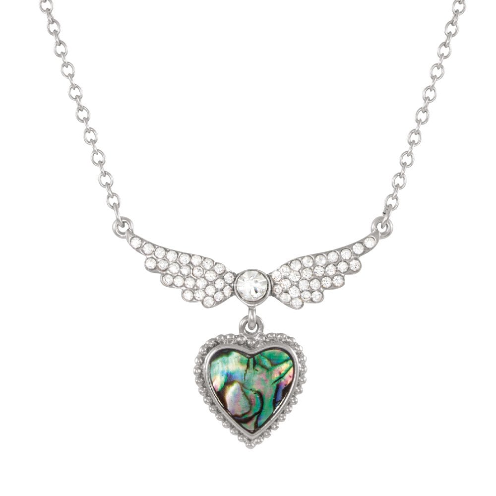 Beloved Paua Shell and Crystal Heart Silver Tone Necklace