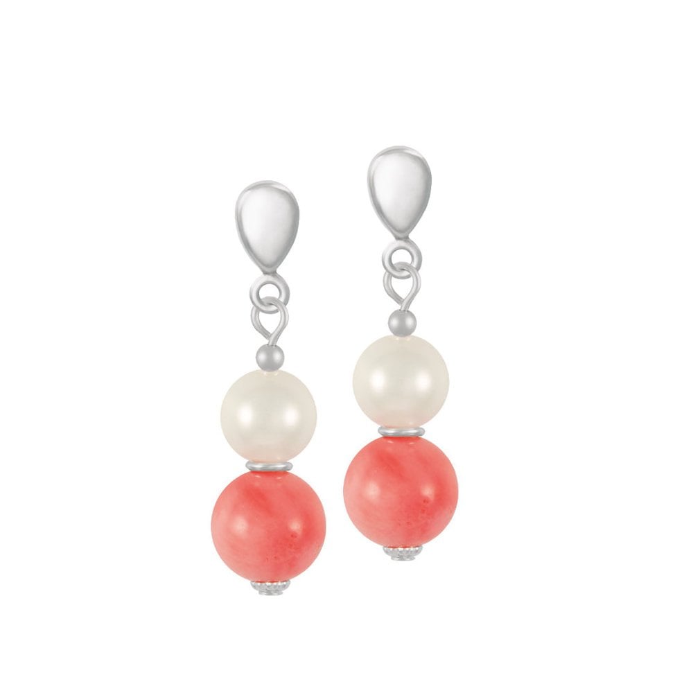 Duet Coral & Shell Pearl Silver Tone Drop Clip On Earrings
