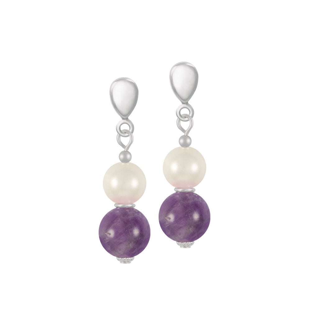 Duet Amethyst & Shell Pearl Silver Tone Drop Clip On Earrings