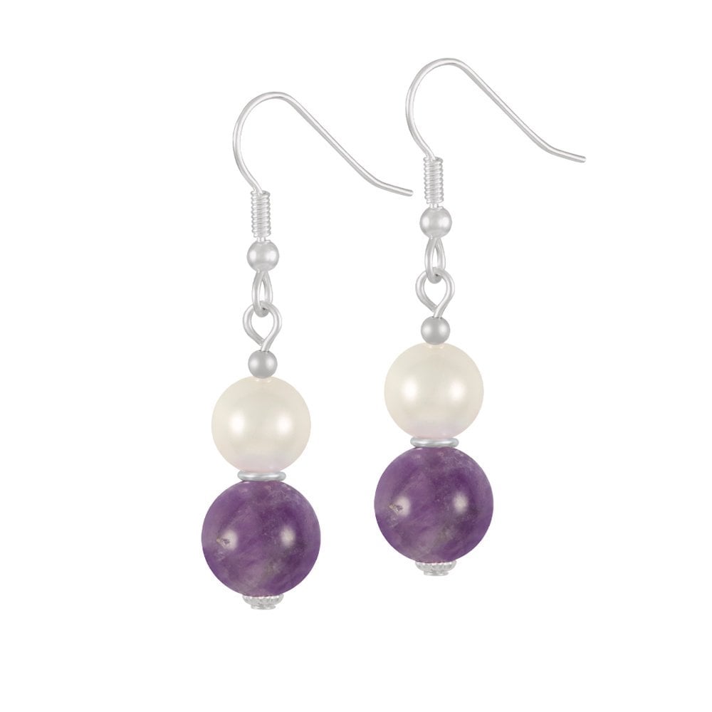 Duet Amethyst & Shell Pearl Silver Tone Drop Pierced Earrings