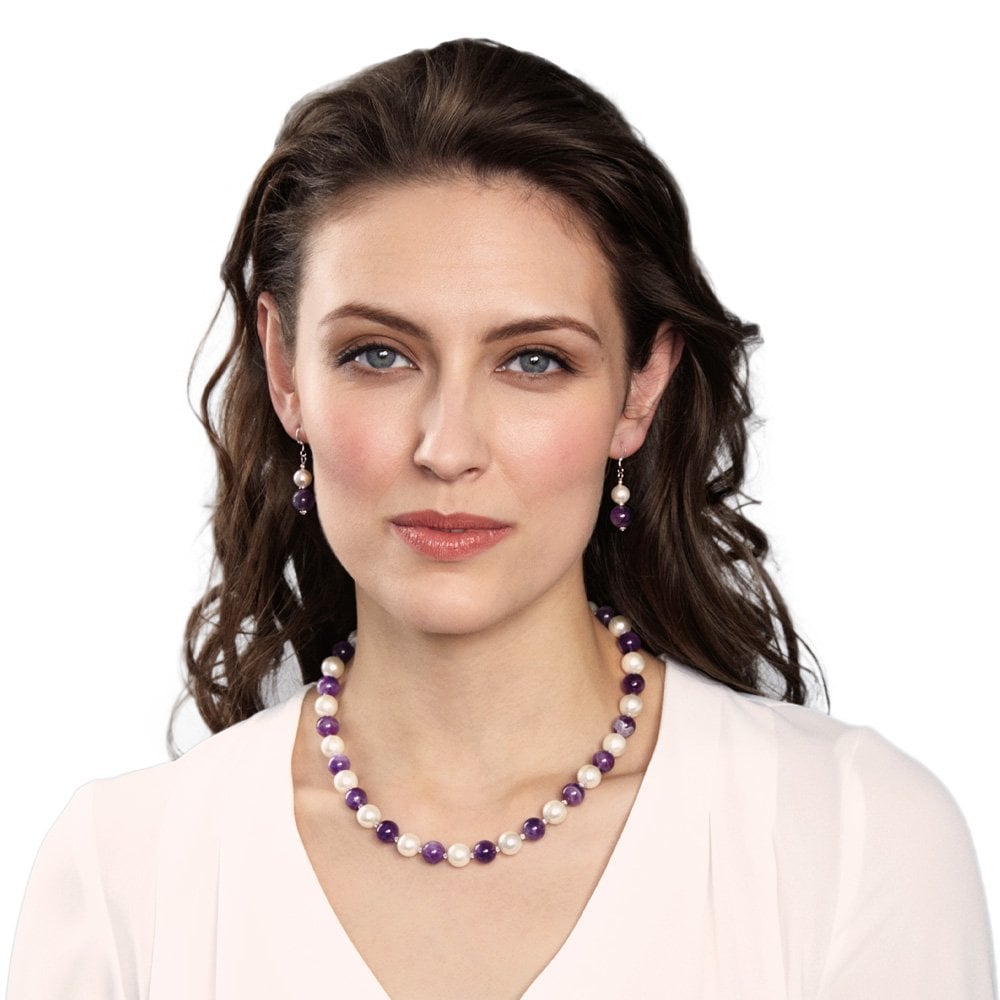 Duet Amethyst & Shell Pearl Silver Tone Drop Pierced Earrings