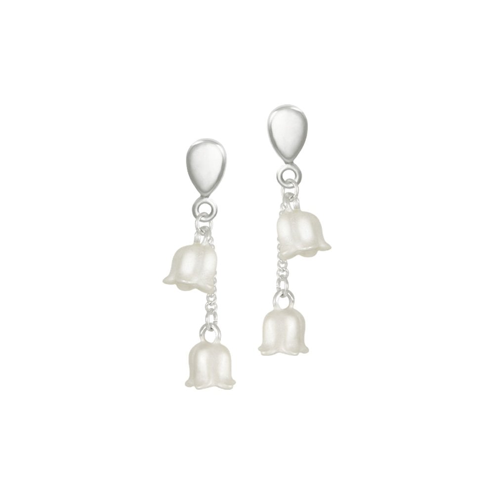Lily of the Valley Enamel and Silver Tone Drop Clip On Earrings