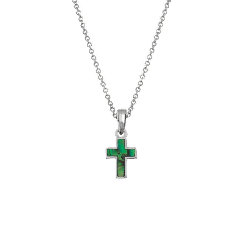 Petite Green Paua Shell Silver Tone Cross Pendant