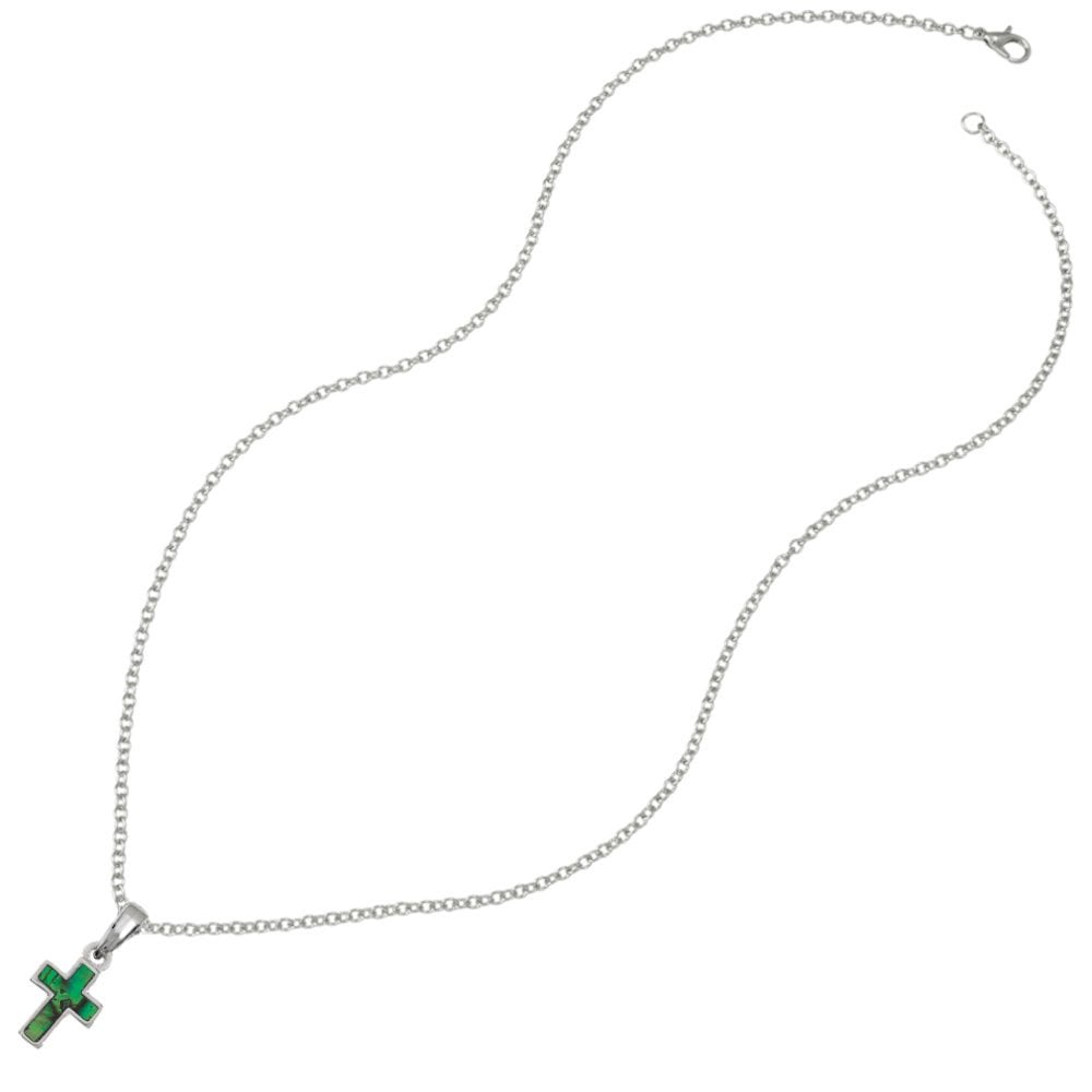 Petite Green Paua Shell Silver Tone Cross Pendant