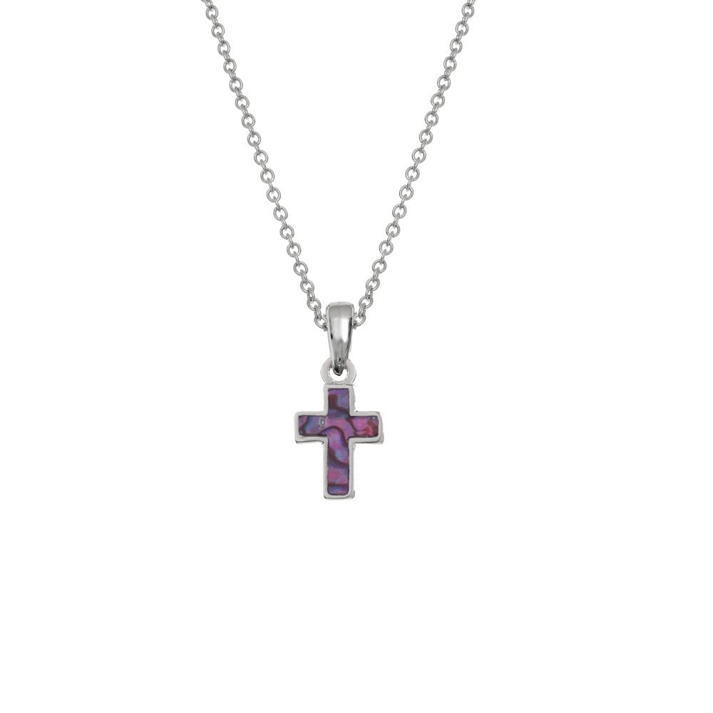 Petite Pink Paua Shell Silver Tone Cross Pendant