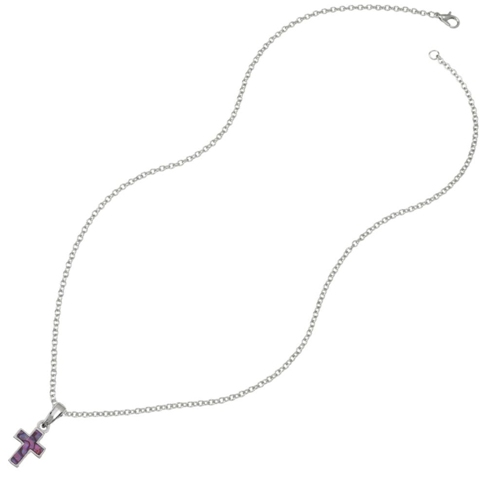 Petite Pink Paua Shell Silver Tone Cross Pendant