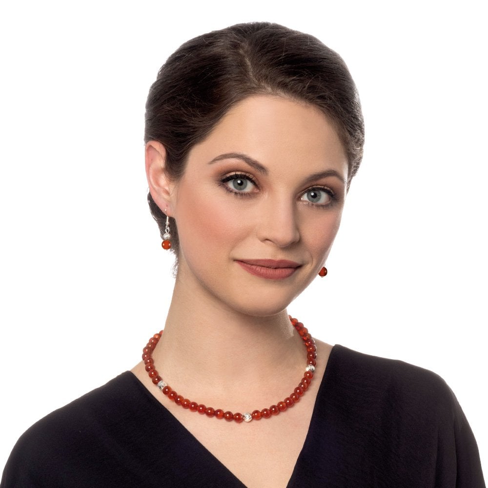 Debutante Carnelian Semi Precious Beaded Silver Tone Necklace