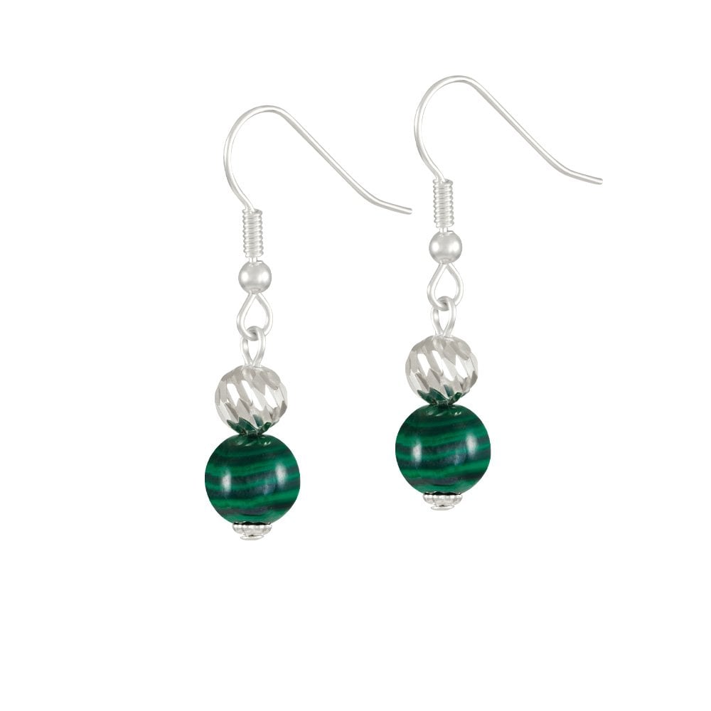 Debutante Green Malachite Semi Precious Silver Tone Drop Pierced Earrings