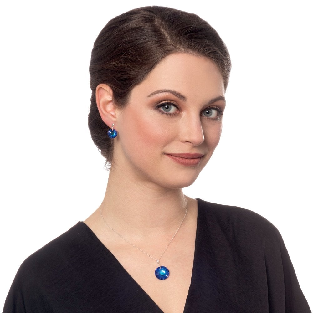 Solar Bermuda Blue Austrian Crystal Silver Tone Drop Pierced Earrings