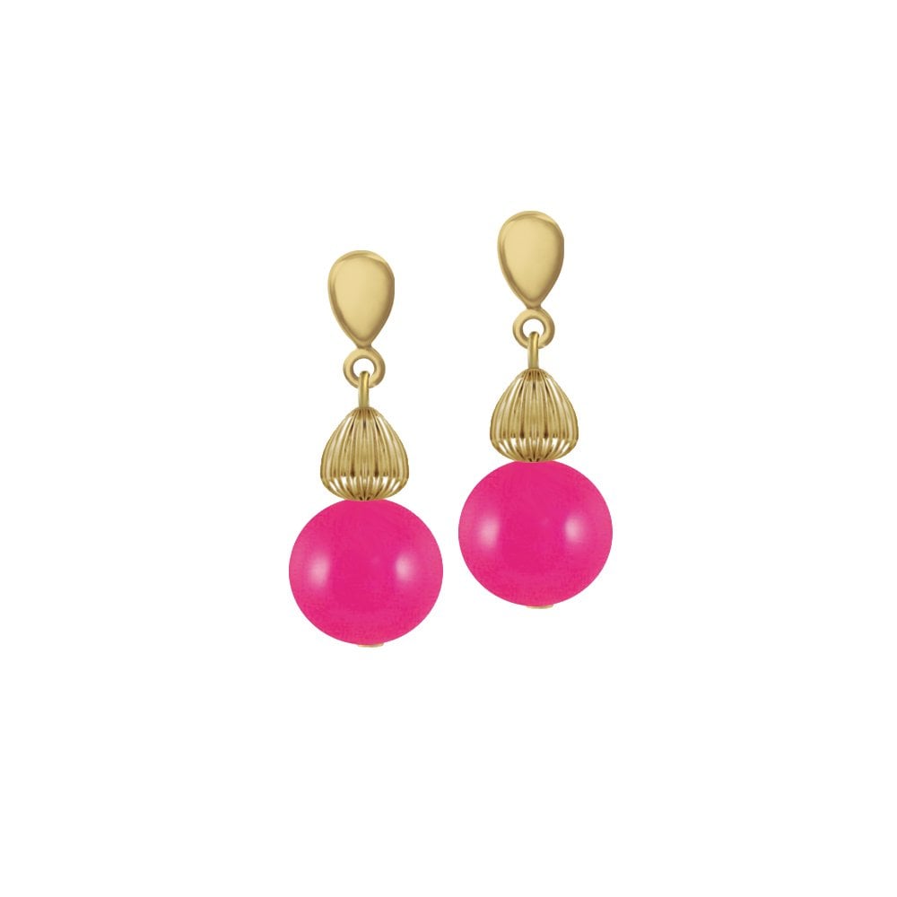 Solitaire Fuchsia Pink Pearl Gold Tone Drop Pierced Earrings