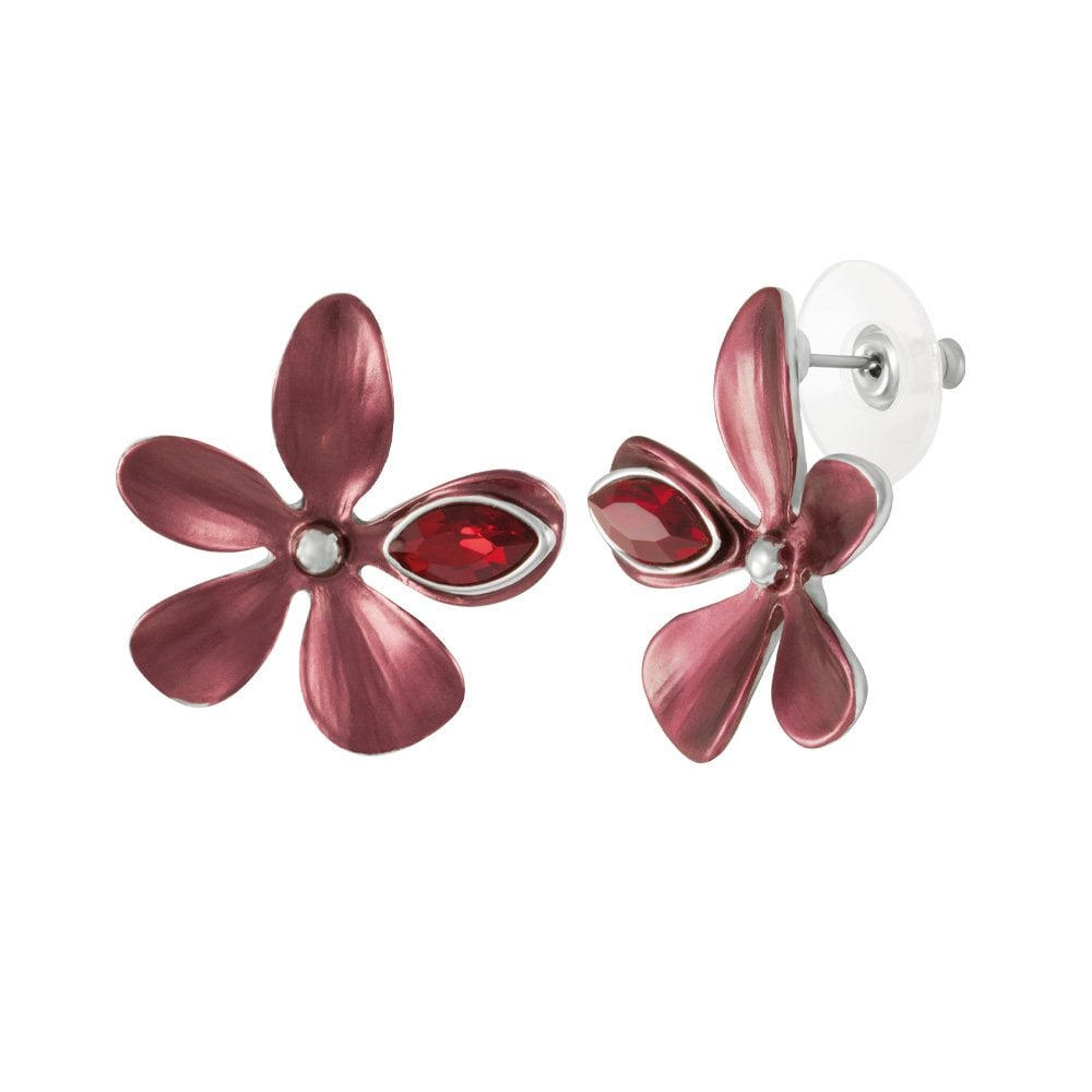 Bouquet Red Enamel and Crystal Silver Tone Stud Pierced Earrings