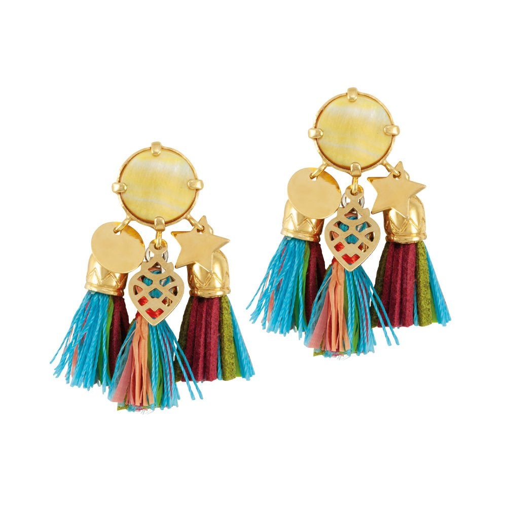 Maryam Mother of Pearl Gold Tone Triple Tassel Drop Pierced Earrings