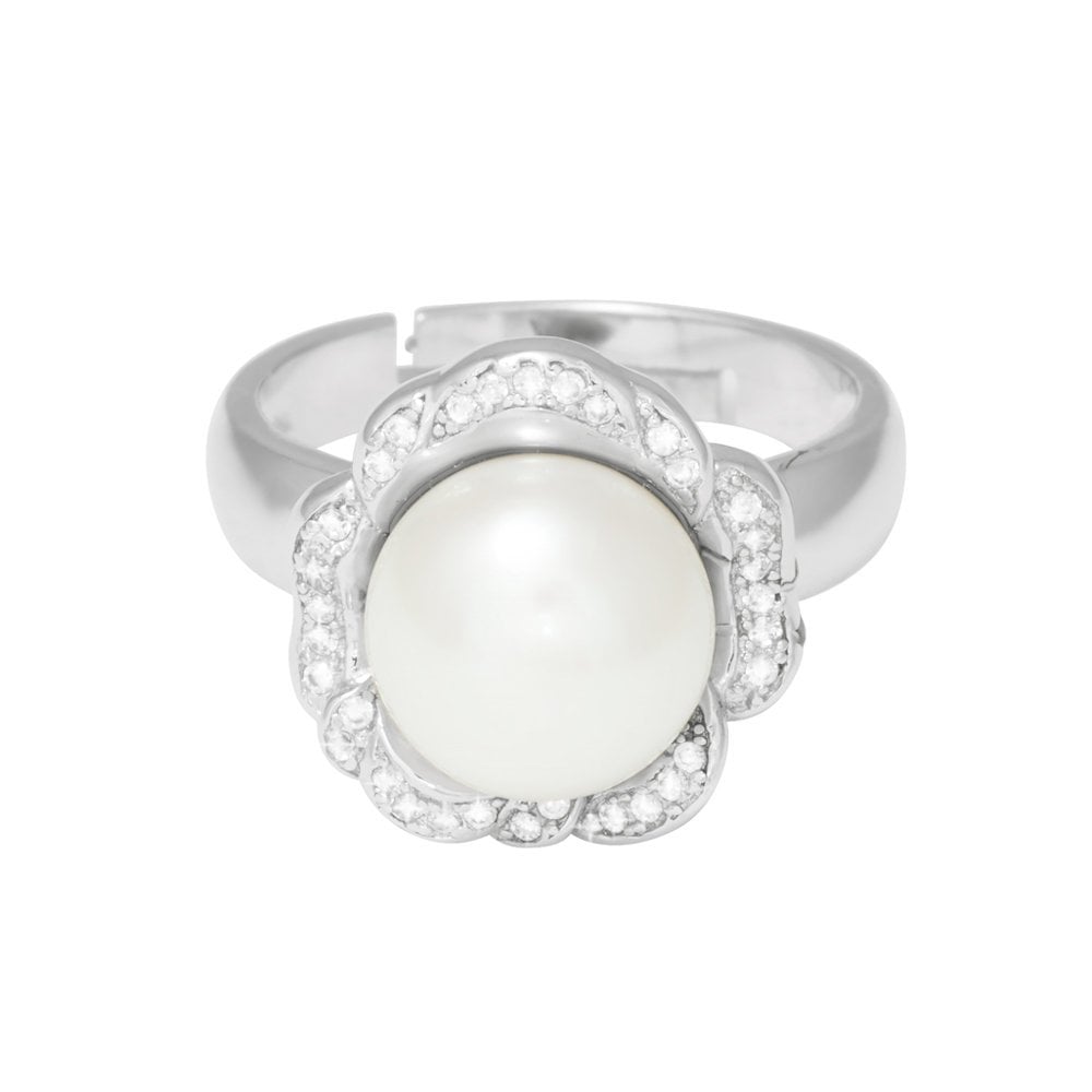 Supreme White Freshwater Pearl and CZ Sterling Silver Adjustable Ring