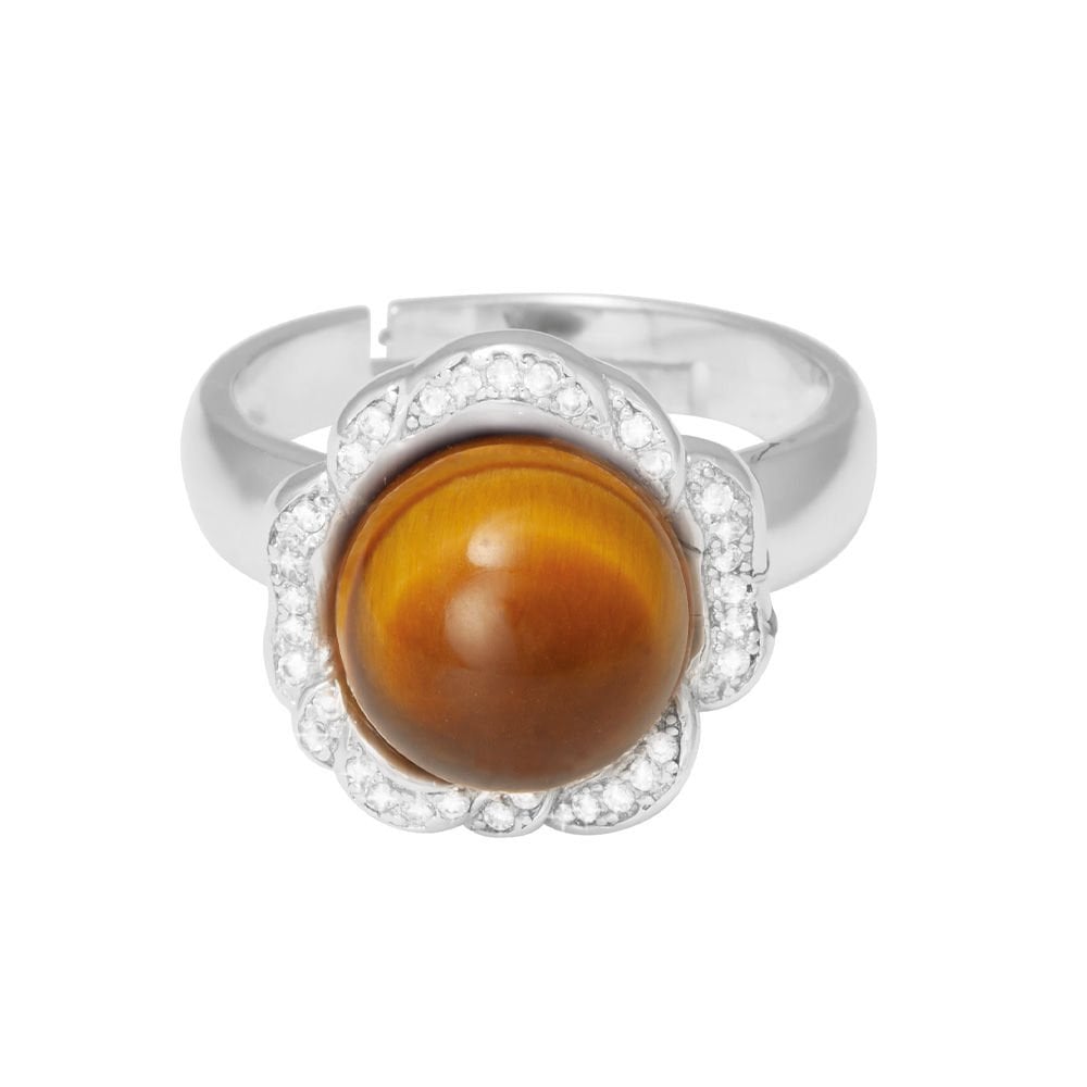 Supreme Tiger's Eye and Cubic Zirconia Sterling Silver Adjustable Ring