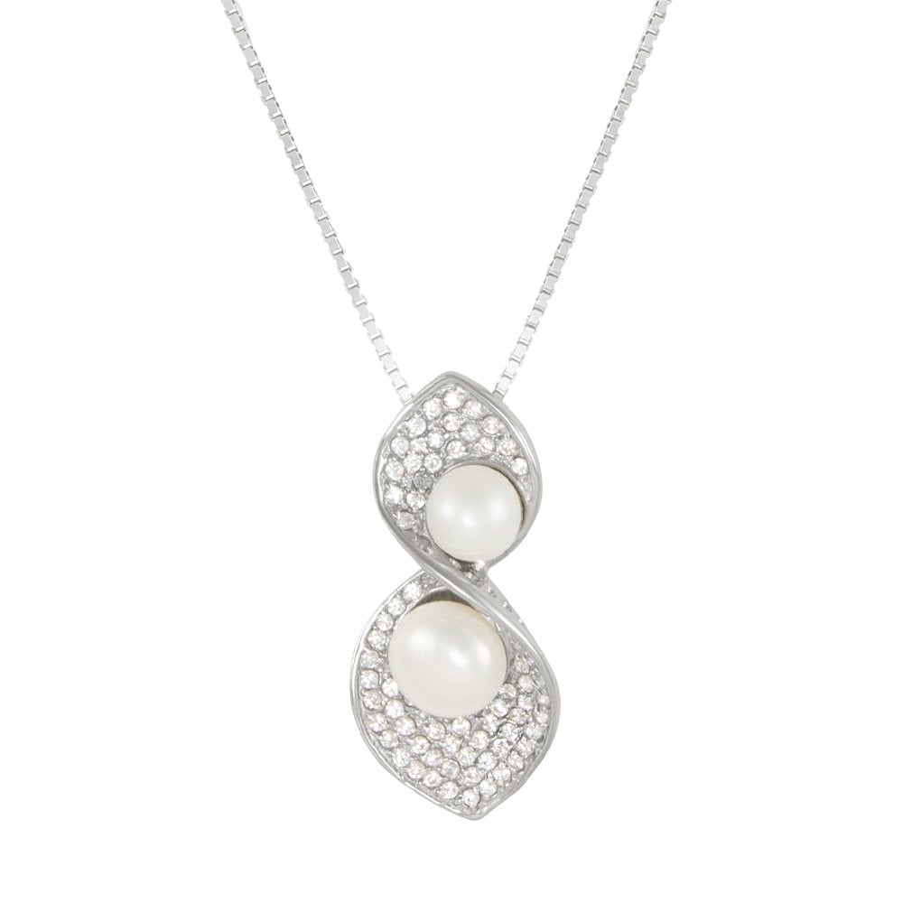 Virtuoso White CZ and Freshwater Pearl Sterling Silver Pendant Necklace