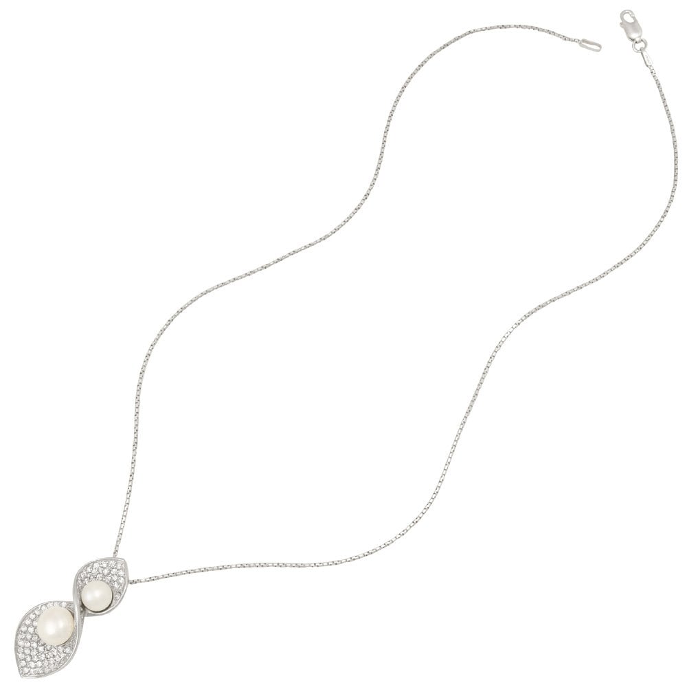 Virtuoso White CZ and Freshwater Pearl Sterling Silver Pendant Necklace