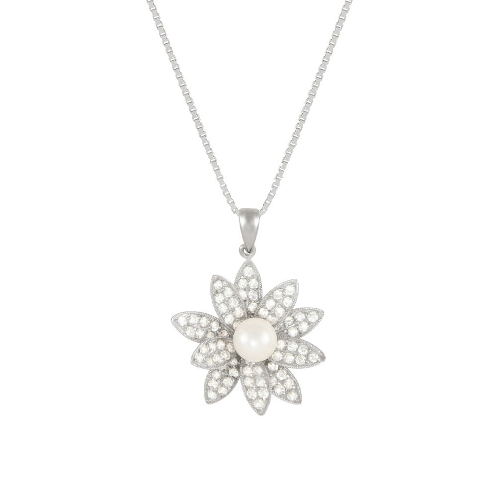 Gardenia AAA Akoya Pearl and CZ Sterling Silver Pendant Necklace