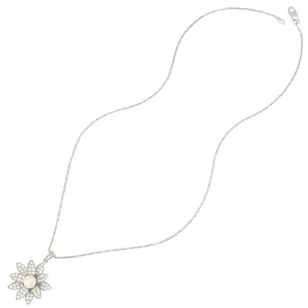 Gardenia AAA Akoya Pearl and CZ Sterling Silver Pendant Necklace