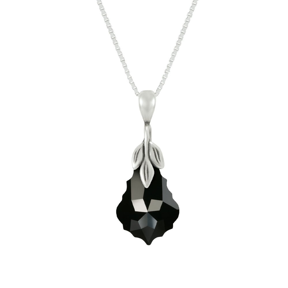 Baroque Jet Black Austrian Crystal Sterling Silver Pendant Necklace