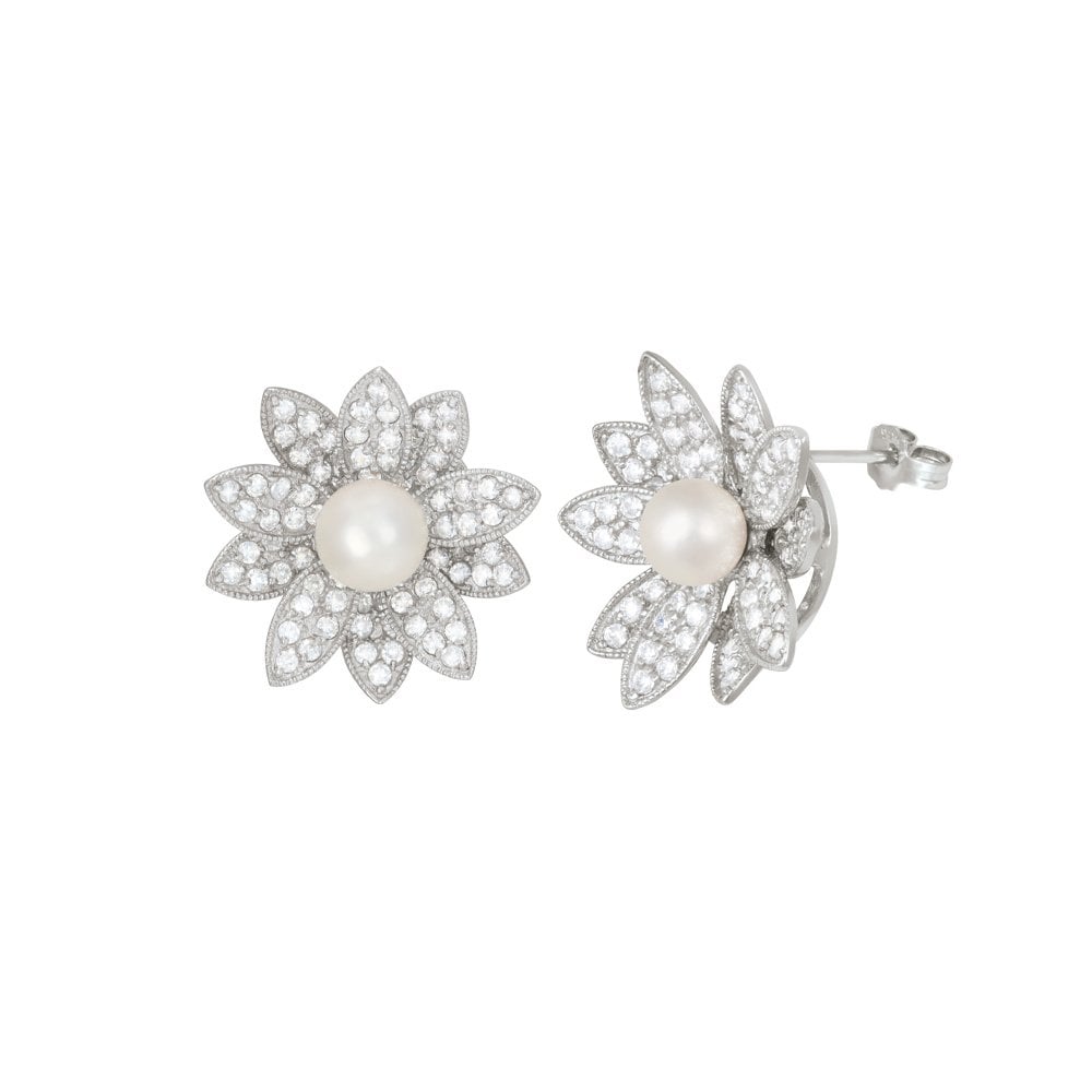 Gardenia AAA Akoya Pearl and Clear CZ Sterling Silver Stud Pierced Earrings