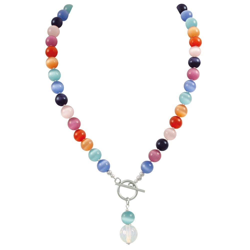 Melody Rainbow Cats Eye Beaded Silver Tone Toggle Statement Necklace