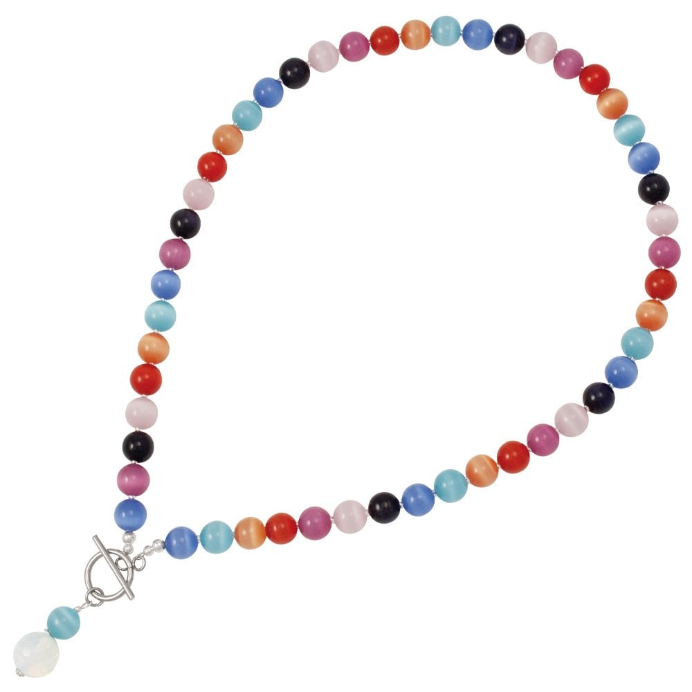 Melody Rainbow Cats Eye Beaded Silver Tone Toggle Statement Necklace