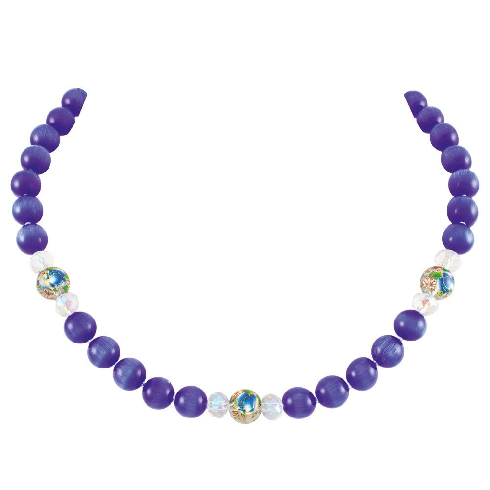 Serene Deep Blue Cats Eye Beaded Silver Tone Statement Necklace