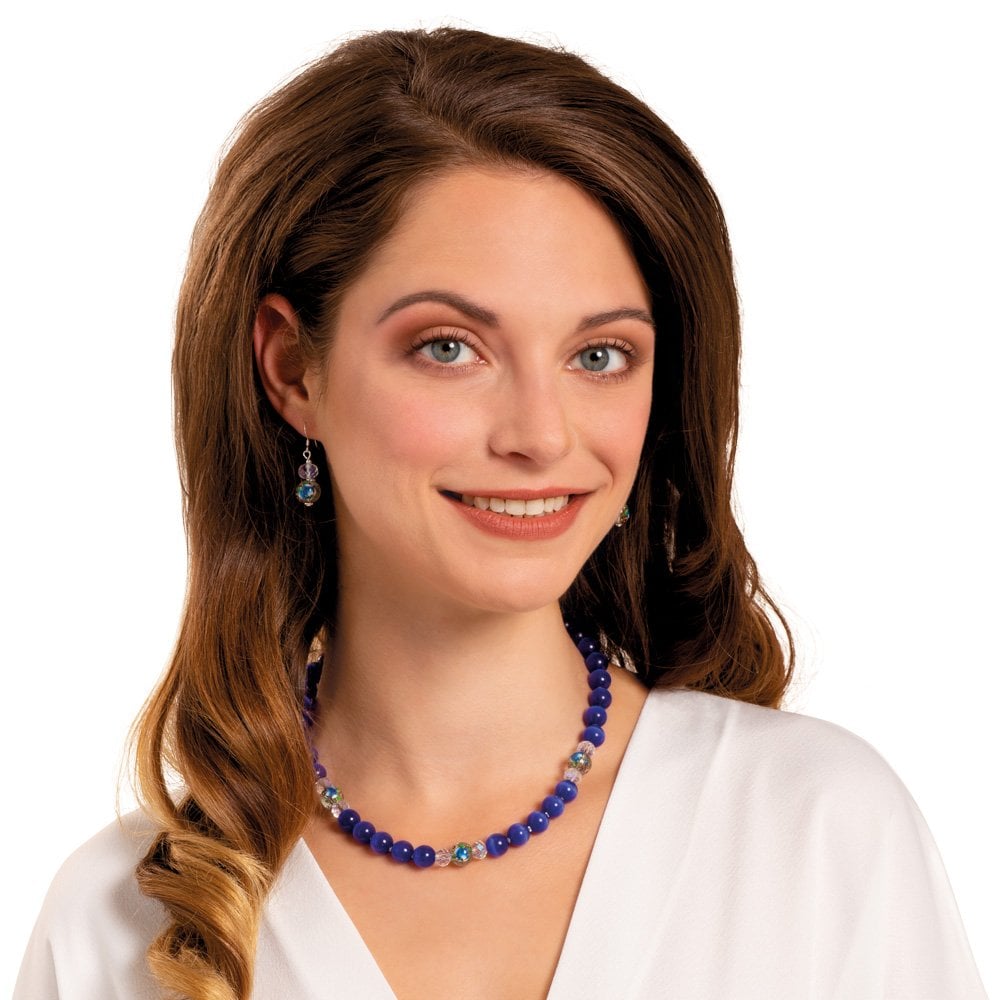 Serene Deep Blue Cats Eye Beaded Silver Tone Statement Necklace