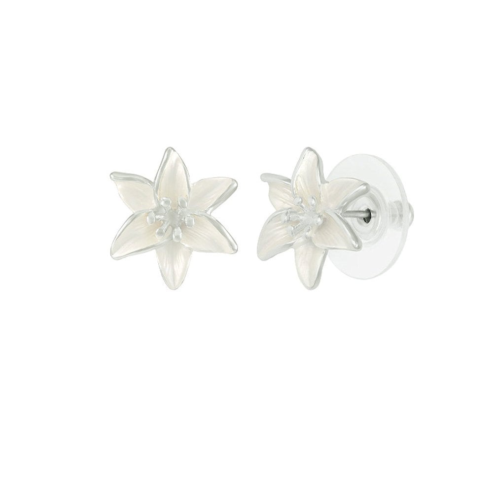 Lily White Enamel Silver Tone Flower Stud Pierced Earrings