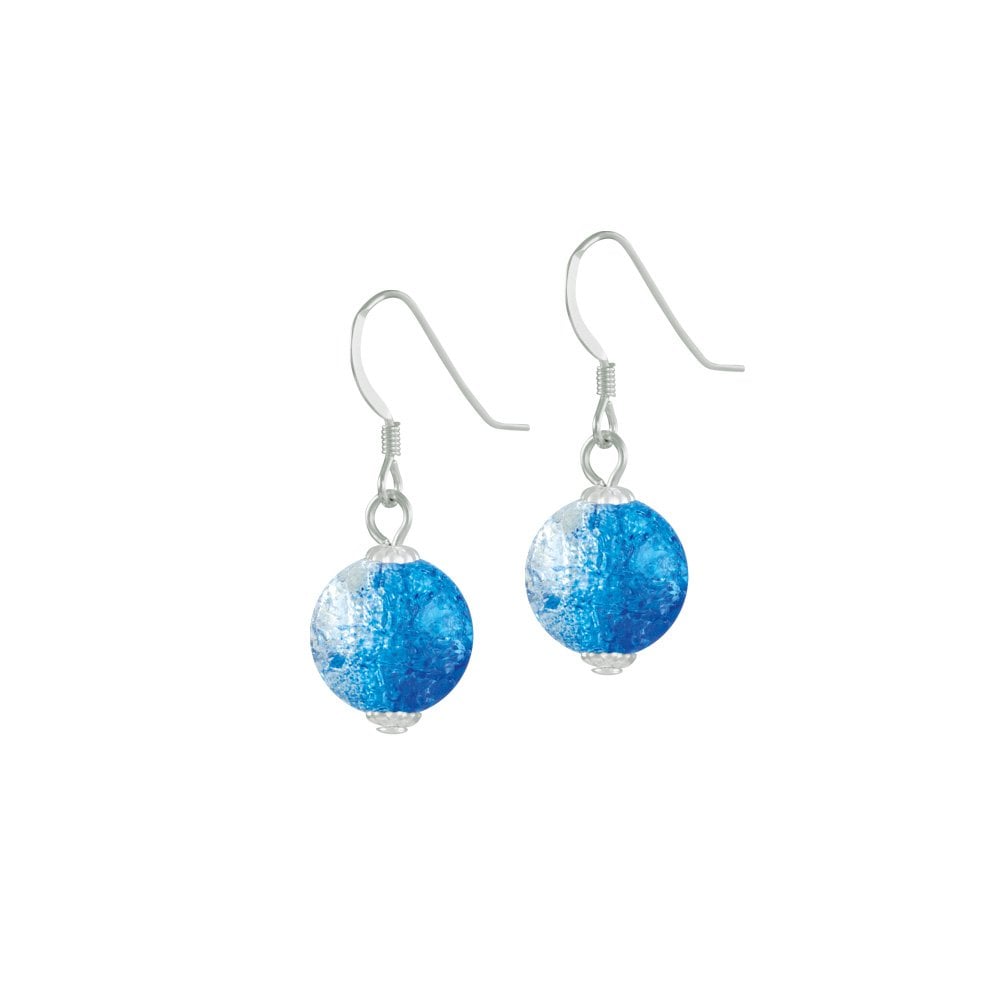 Carnival Blue Czech Glass Crackle Bead Silver Tone Drop Pierced Earrings