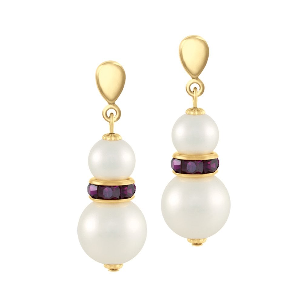 Alpine Amethyst Austrian Crystal Shell Pearl Gold Tone Drop Clip On Earrings