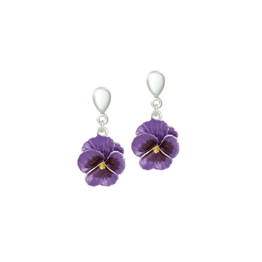 Pansy Perfection Purple Enamel Silver Tone Flower Drop Clip On Earrings