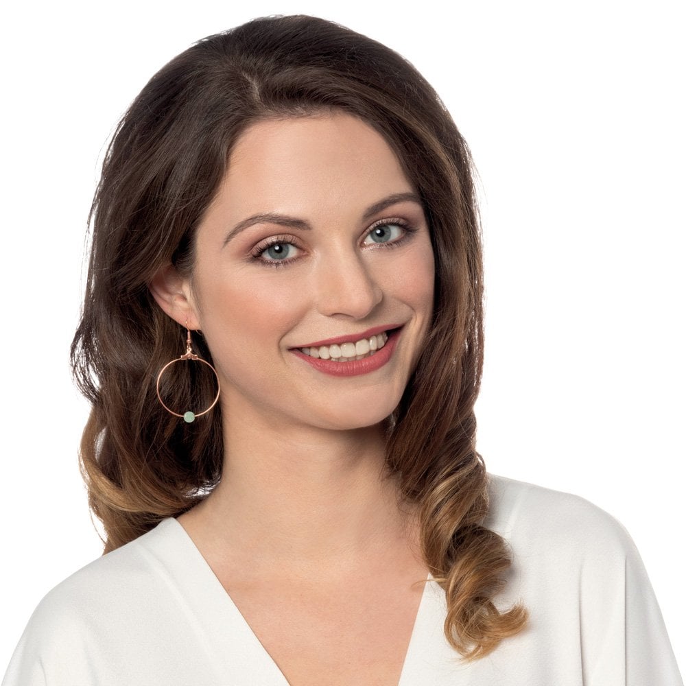 Stylistic Green Agate Rose Gold Tone Drop Hoop Pierced Earrings