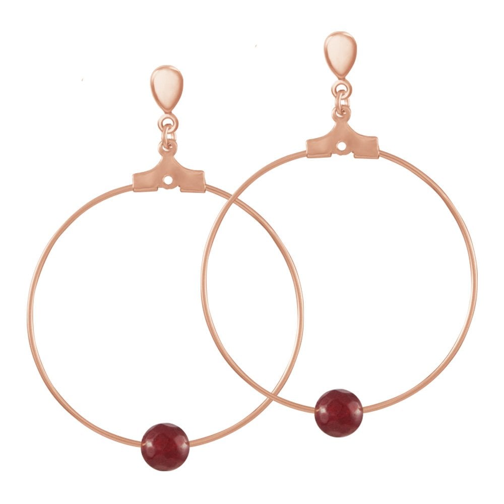 Stylistic Ruby Red Agate Rose Gold Tone Drop Hoop Clip On Earrings