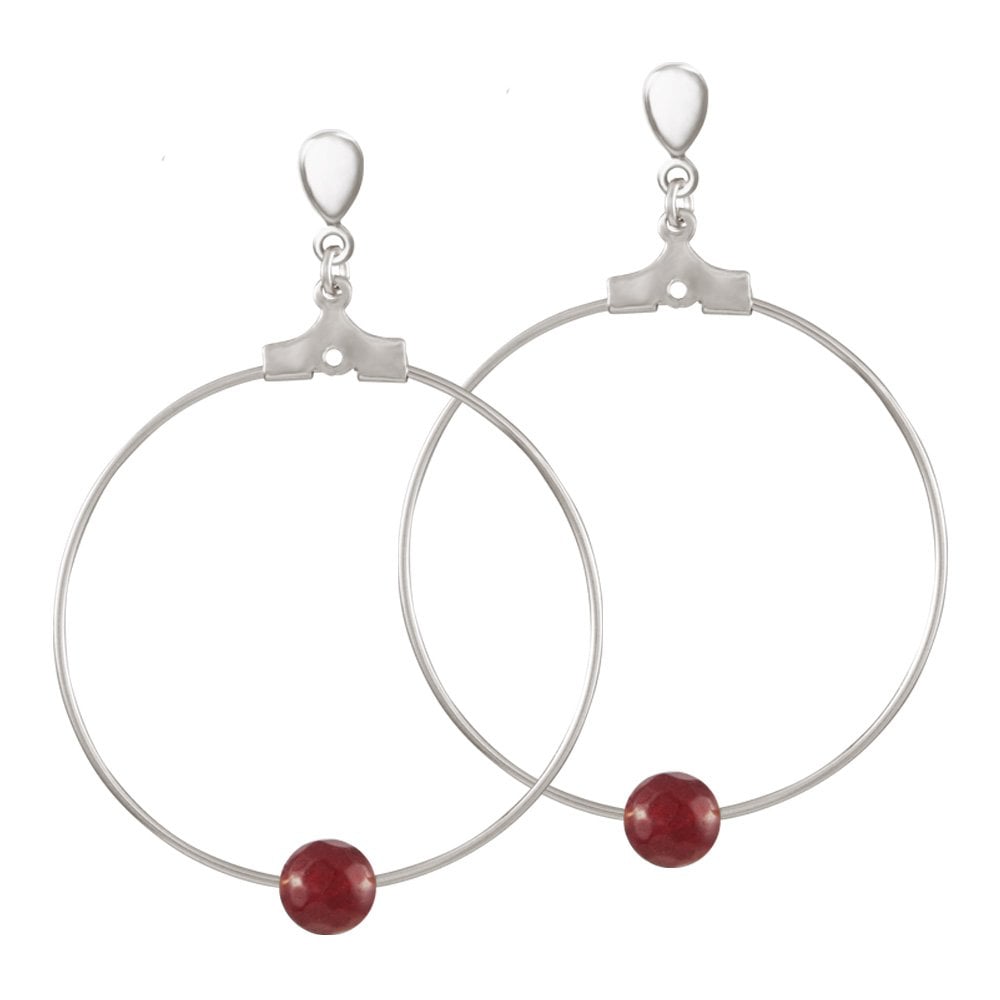 Stylistic Ruby Red Agate Silver Tone Drop Hoop Clip On Earrings